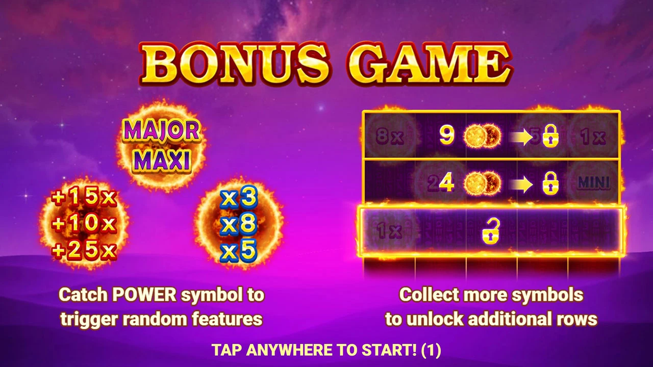 Sun of Egypt 5 Bonus Game ekrani — Power Feature va jekpot darajalari