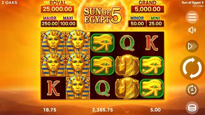 Sun of Egypt 5 geymplеy — 5x3 toʻr va jekpot paneli