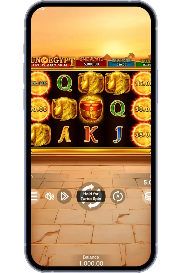 Sun of Egypt 5 mobil versiyasi — smartfon ekranida Hold and Win bonus oʻyini